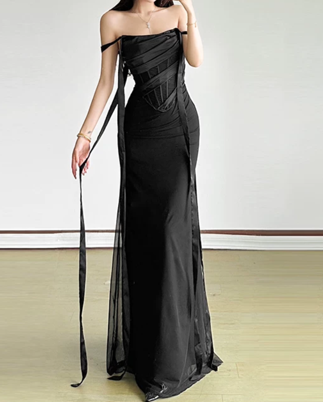 Chic Off The Shoulder Prom Dress Black Mermaid Evening Dress D0372