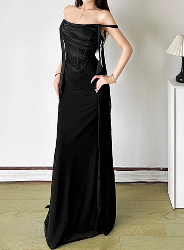 Chic Off The Shoulder Prom Dress Black Mermaid Evening Dress D0372