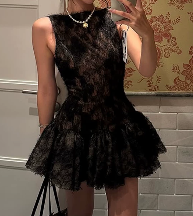 Elegant Lace A-Line Mini Dress Textured Party Outfit Backless Short Dress D0376