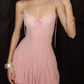 Sweet Spaghetti Straps Homecoming Dress Pink Lace A-Line Birthday Dress D0380