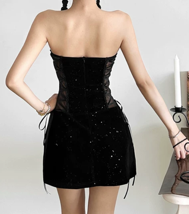 Mini robe de soirée en satin, sans bretelles, sans manches, ligne a, simple, C899