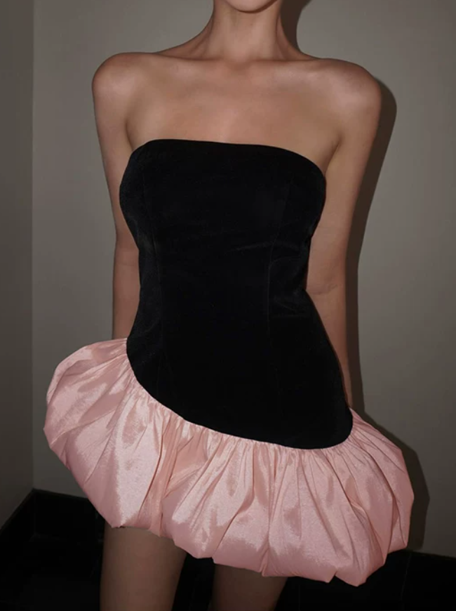 Y2K Strapless Homecoming Dress Black & Pink A-Line Birthday Dress D0382