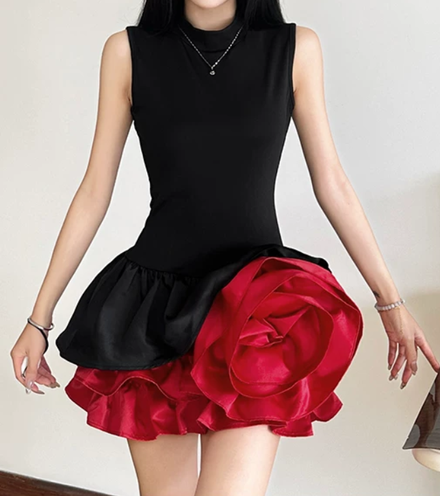 Lovely Sleeveless A-Line Mini Dress Black & Red Party Outfit Floral Short Dress D0383
