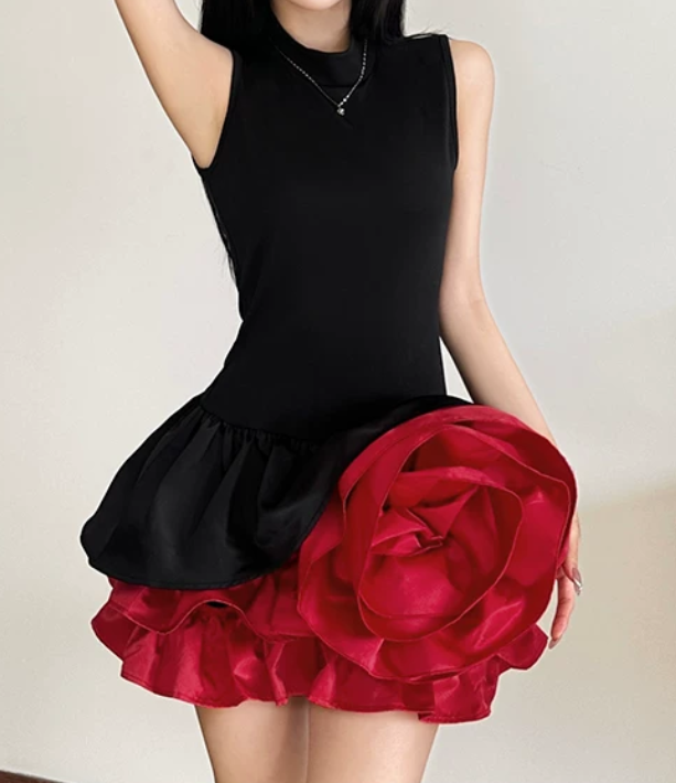 Lovely Sleeveless A-Line Mini Dress Black & Red Party Outfit Floral Short Dress D0383