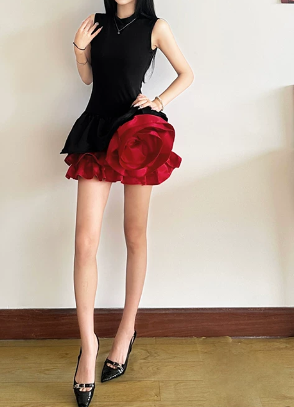 Lovely Sleeveless A-Line Mini Dress Black & Red Party Outfit Floral Short Dress D0383