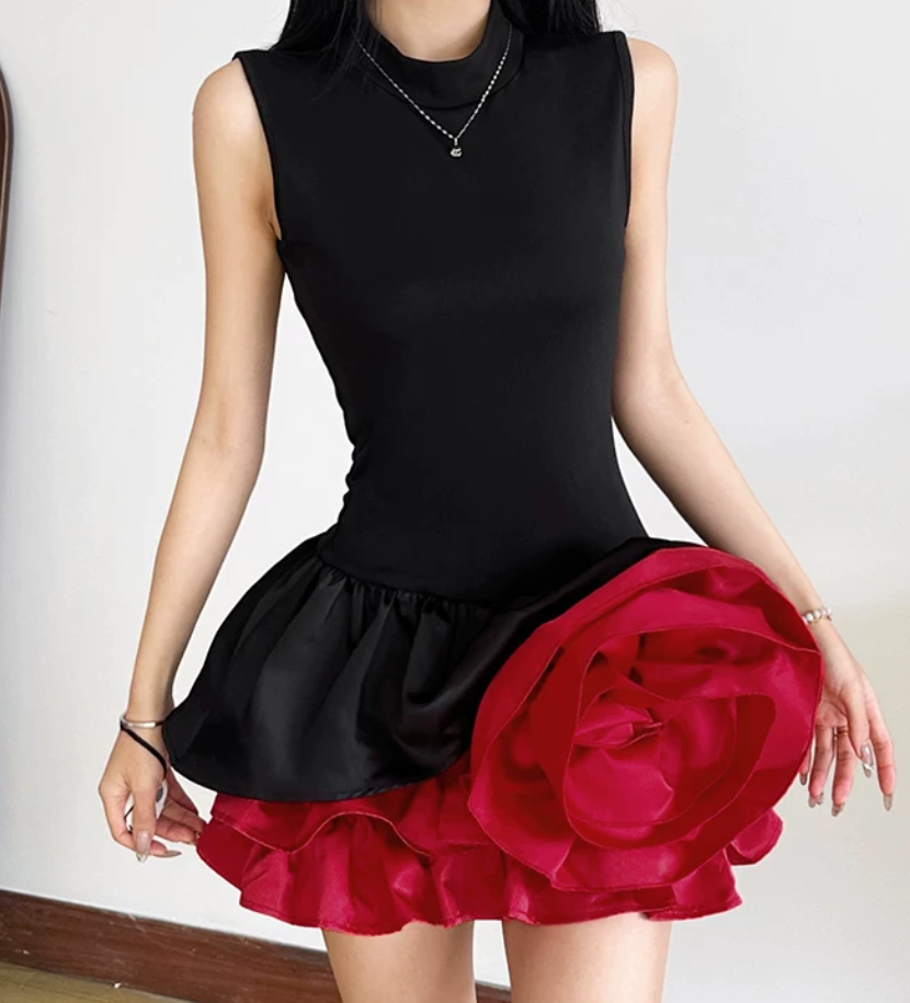 Lovely Sleeveless A-Line Mini Dress Black & Red Party Outfit Floral Short Dress D0383