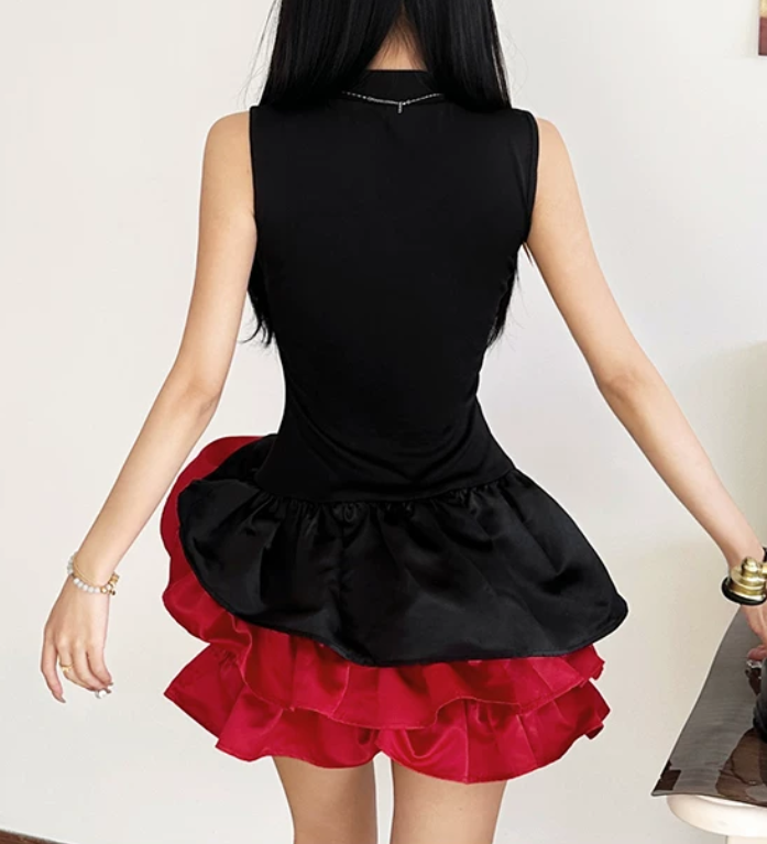 Lovely Sleeveless A-Line Mini Dress Black & Red Party Outfit Floral Short Dress D0383