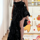 Ornate Spaghetti Straps Prom Dress Black Sequins Ruffles A-Line Evening Dress D0385