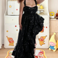 Ornate Spaghetti Straps Prom Dress Black Sequins Ruffles A-Line Evening Dress D0385
