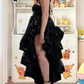 Ornate Spaghetti Straps Prom Dress Black Sequins Ruffles A-Line Evening Dress D0385