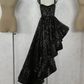 Ornate Spaghetti Straps Prom Dress Black Sequins Ruffles A-Line Evening Dress D0385