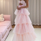Sweet Spaghetti Straps Prom Dress Pink Sequins Tiered A-Line Evening Dress D0386