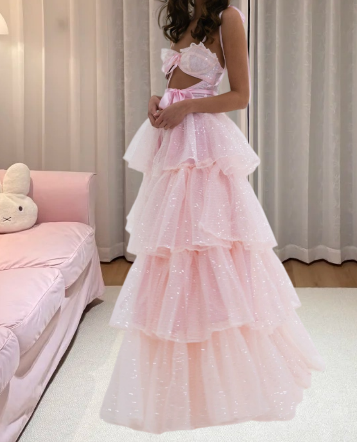 Sweet Spaghetti Straps Prom Dress Pink Sequins Tiered A-Line Evening Dress D0386