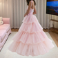 Sweet Spaghetti Straps Prom Dress Pink Sequins Tiered A-Line Evening Dress D0386