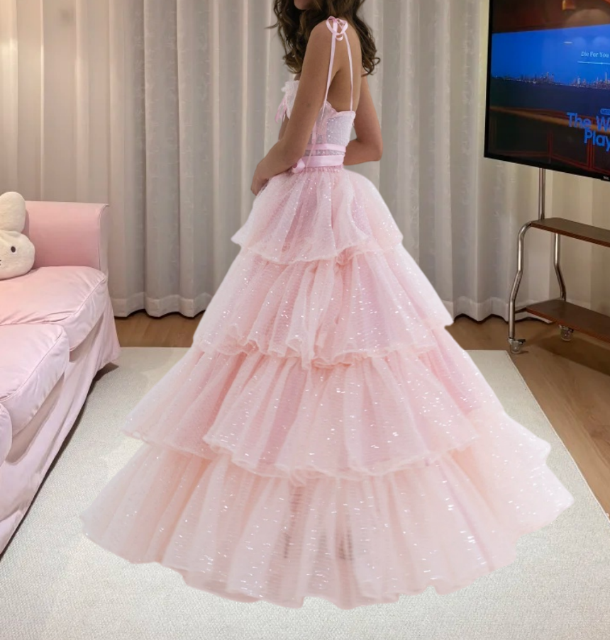 Sweet Spaghetti Straps Prom Dress Pink Sequins Tiered A-Line Evening Dress D0386