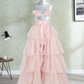 Sweet Spaghetti Straps Prom Dress Pink Sequins Tiered A-Line Evening Dress D0386