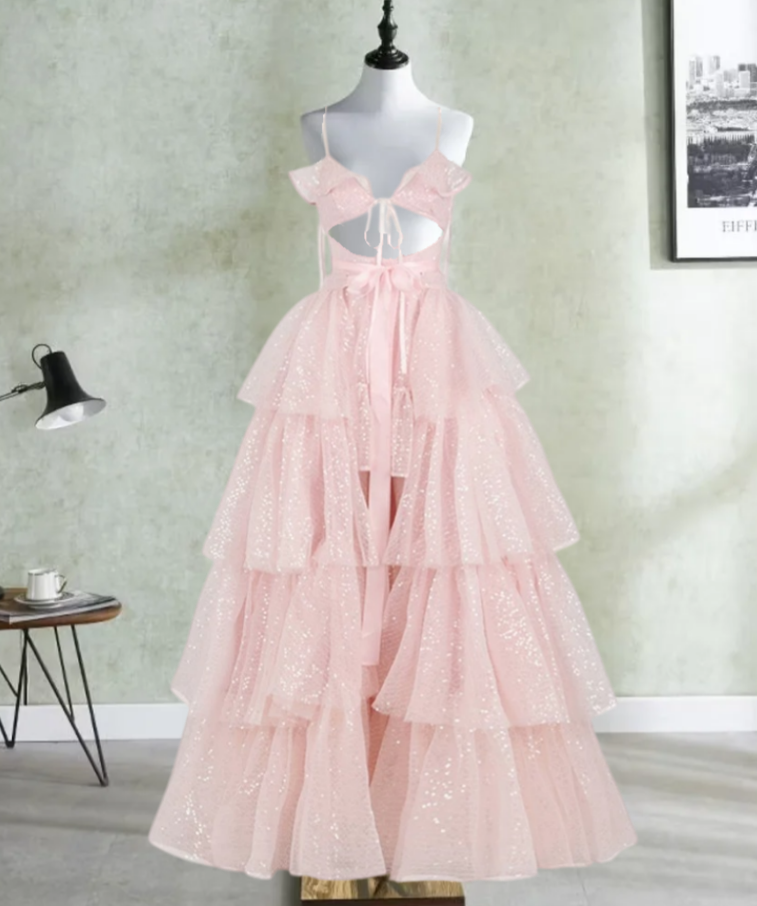 Sweet Spaghetti Straps Prom Dress Pink Sequins Tiered A-Line Evening Dress D0386