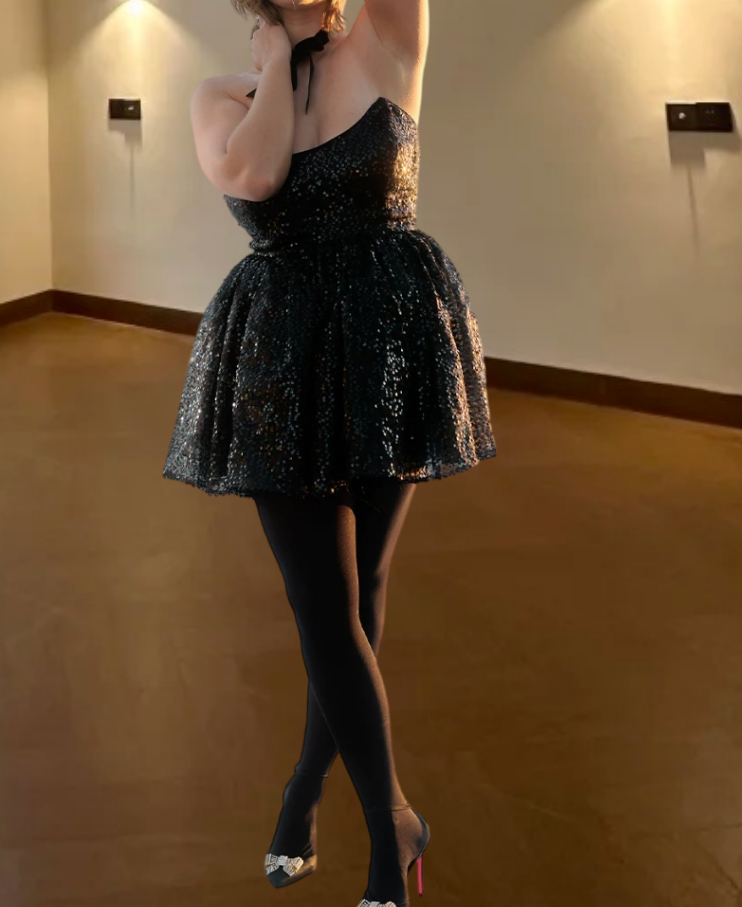Glittering Strapless Homecoming Dress Black Sequins A-Line Birthday Dress D0388
