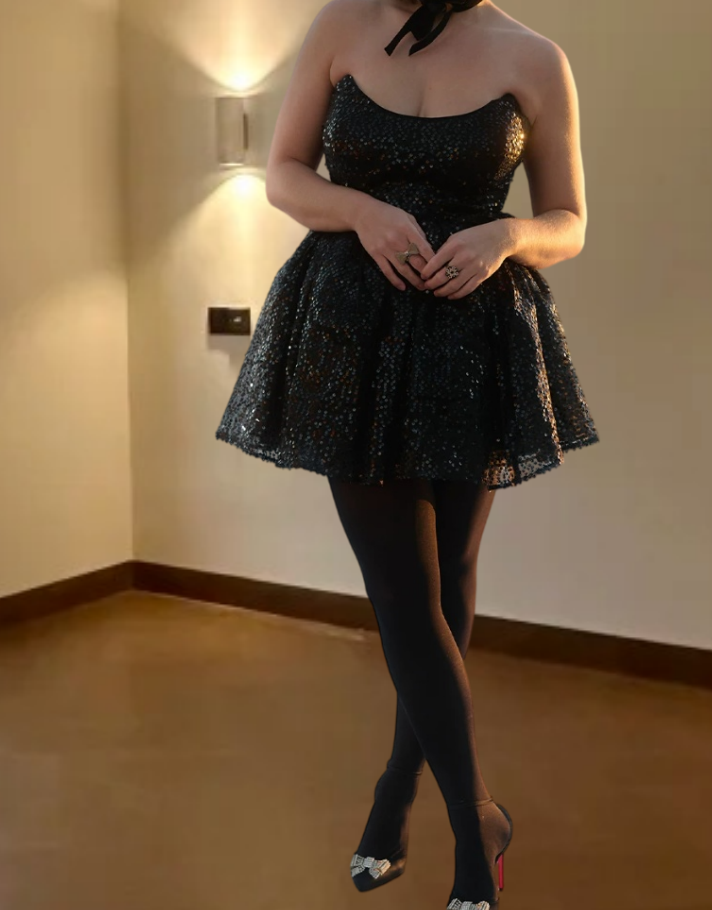 Glittering Strapless Homecoming Dress Black Sequins A-Line Birthday Dress D0388