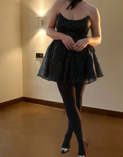 Glittering Strapless Homecoming Dress Black Sequins A-Line Birthday Dress D0388