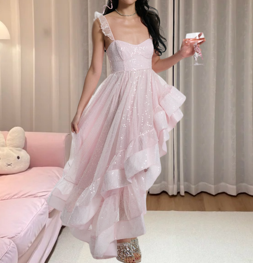 Robe de bal de princesse bustier à volants en satin long, robe de soirée C8117