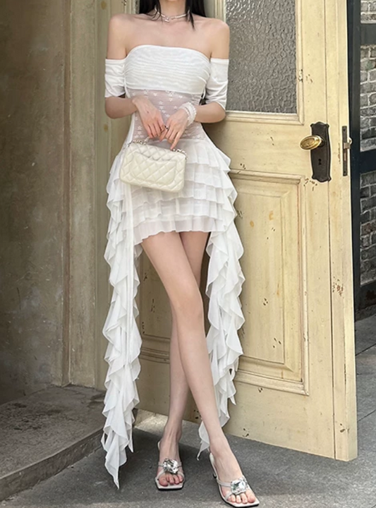 Unique Off The Shoulder Homecoming Dress White Lace Ruffles Sheath Birthday Dress D0395