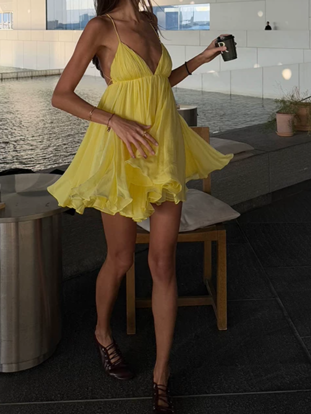 Flowy Spaghetti Straps Homecoming Dress Yellow A-Line Birthday Dress D0397