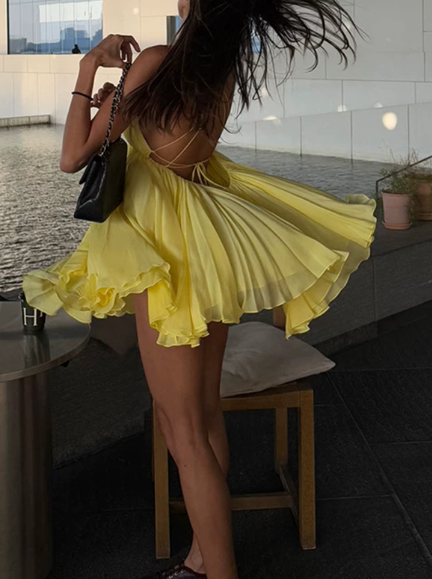Flowy Spaghetti Straps Homecoming Dress Yellow A-Line Birthday Dress D0397