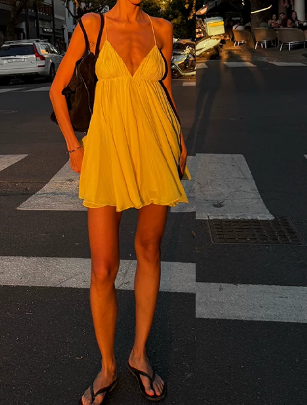 Flowy Spaghetti Straps Homecoming Dress Yellow A-Line Birthday Dress D0397