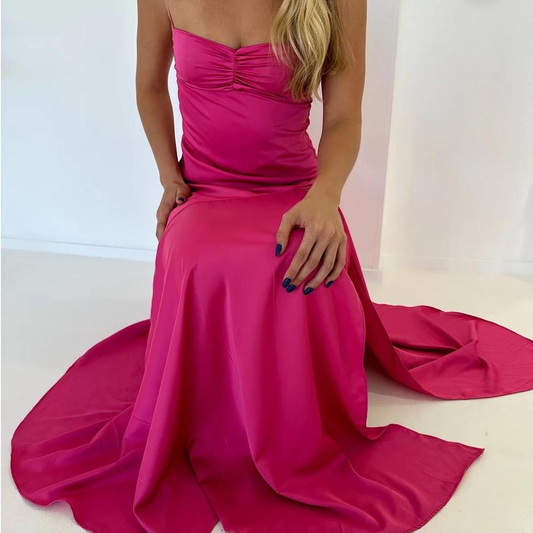 Simple Mermaid Sleeveless Hot Pink Long Prom Dresses D040