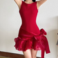 Sexy Jewel Neck Mini Dress Ruffles Party Outfit Bow A-Line Short Dress D0400