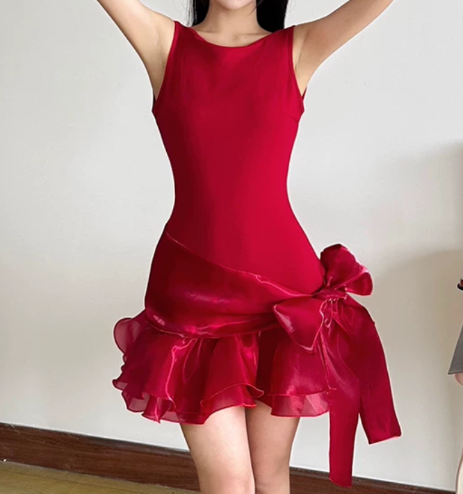 Sexy Jewel Neck Mini Dress Ruffles Party Outfit Bow A-Line Short Dress D0400