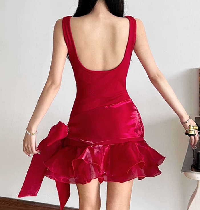 Sexy Jewel Neck Mini Dress Ruffles Party Outfit Bow A-Line Short Dress D0400