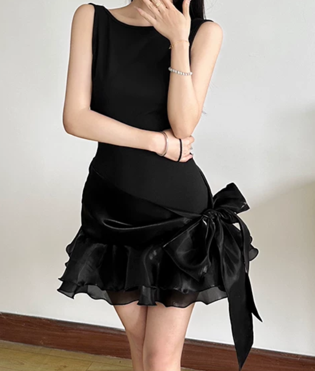 Sexy Jewel Neck Mini Dress Ruffles Party Outfit Bow A-Line Short Dress D0400