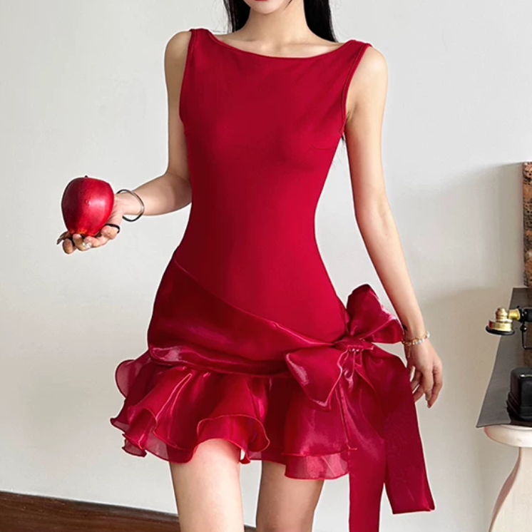 Sexy Jewel Neck Mini Dress Ruffles Party Outfit Bow A-Line Short Dress D0400