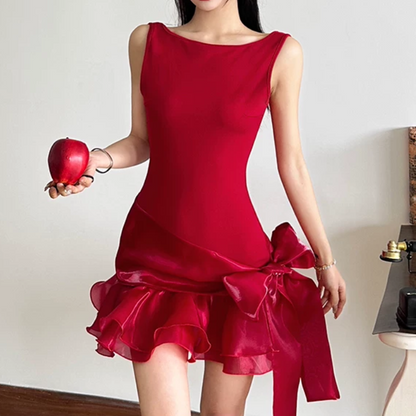 Sexy Jewel Neck Mini Dress Ruffles Party Outfit Bow A-Line Short Dress D0400