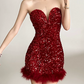 Sparkly Strapless Red Homecoming Dress Sequins Fur Sheath Birthday Dress D0401