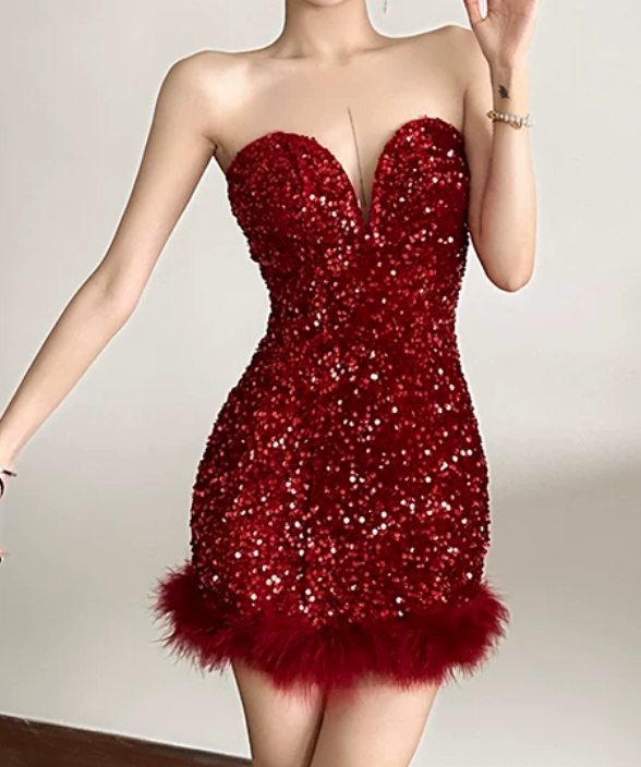 Sparkly Strapless Red Homecoming Dress Sequins Fur Sheath Birthday Dress D0401