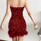 Sparkly Strapless Red Homecoming Dress Sequins Fur Sheath Birthday Dress D0401
