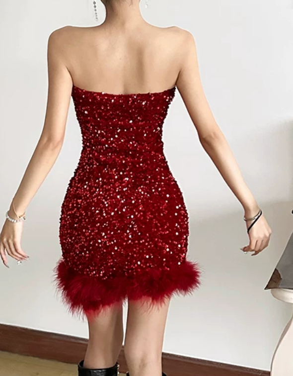 Sparkly Strapless Red Homecoming Dress Sequins Fur Sheath Birthday Dress D0401
