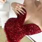 Sparkly Strapless Red Homecoming Dress Sequins Fur Sheath Birthday Dress D0401