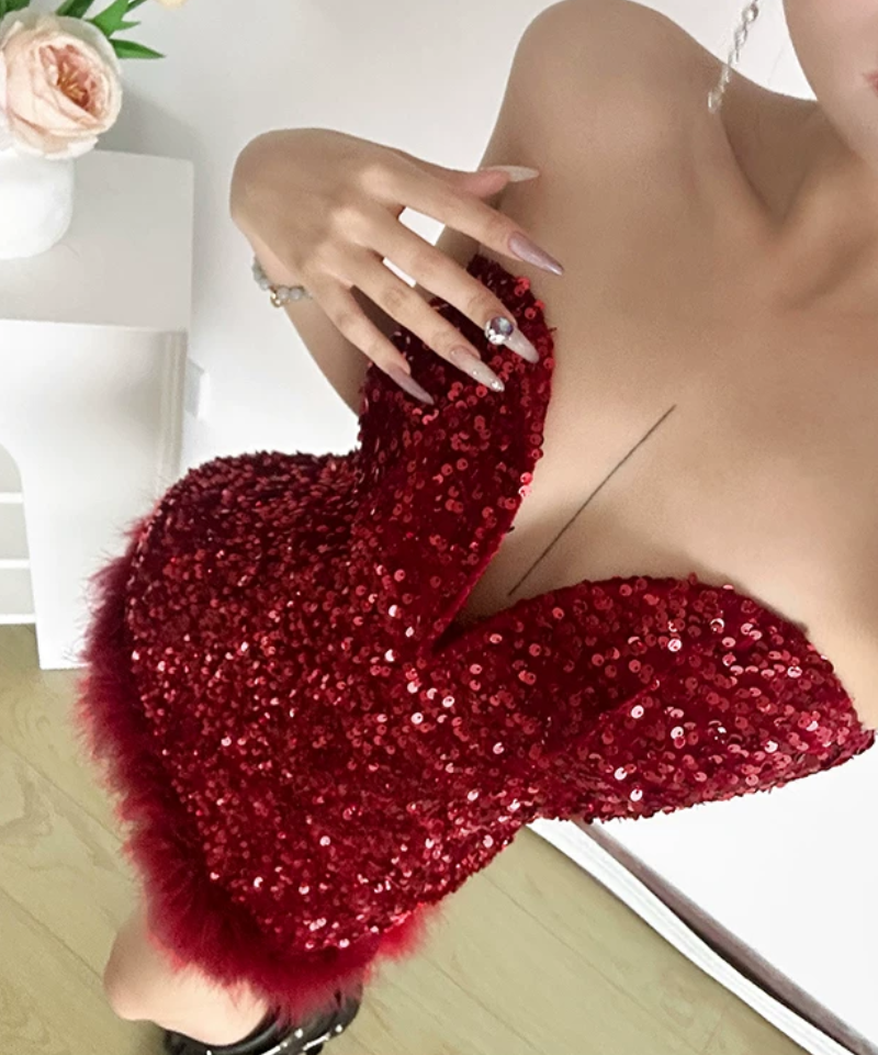 Sparkly Strapless Red Homecoming Dress Sequins Fur Sheath Birthday Dress D0401