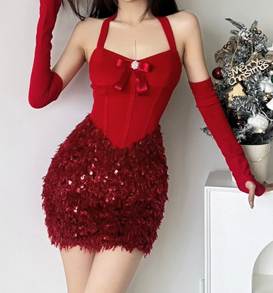 Alluring Halter Neck Homecoming Dress Red Sequins Sheath Birthday Dress D0404