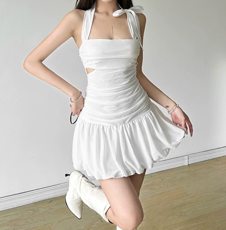 Glam Halter Neck Homecoming Dress White Cutouts A-Line Birthday Dress D0405