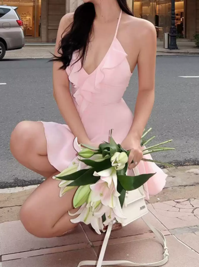 Adorable Halter Neck Homecoming Dress Pink Ruffles A-Line Birthday Dress D0408