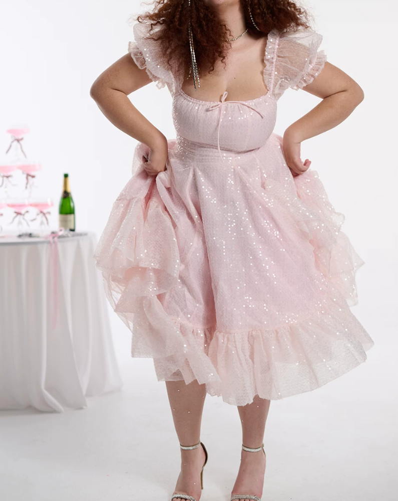 Dreamy Square Neck Prom Dress Pink Sequins A-Line Evening Dress D0410