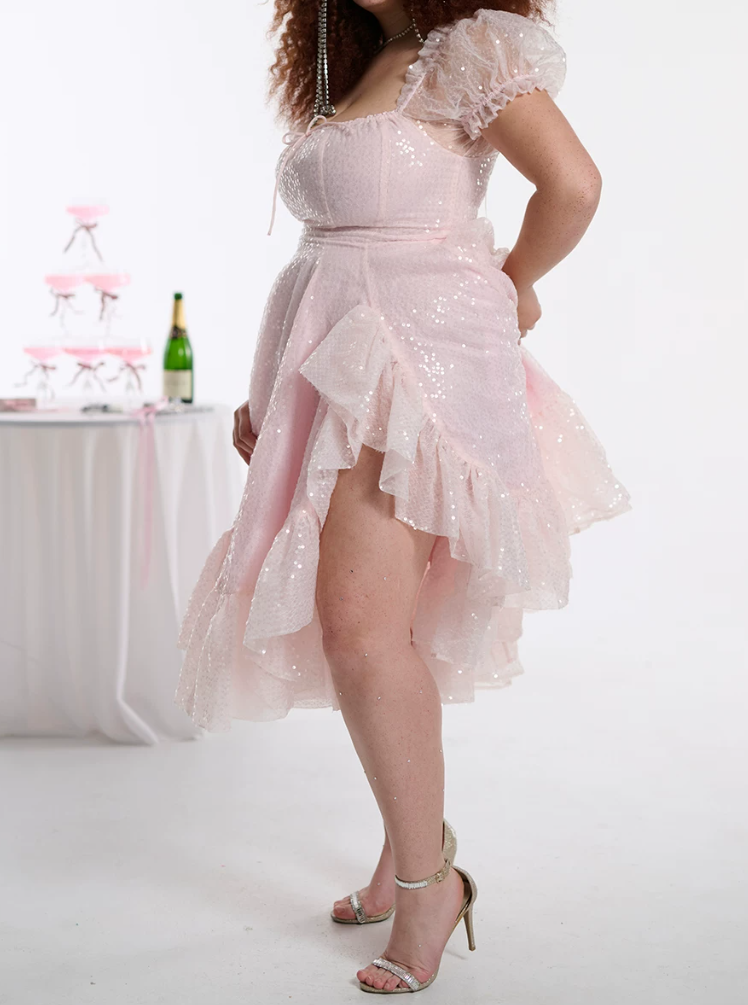 Dreamy Square Neck Prom Dress Pink Sequins A-Line Evening Dress D0410