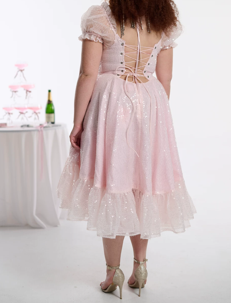 Dreamy Square Neck Prom Dress Pink Sequins A-Line Evening Dress D0410