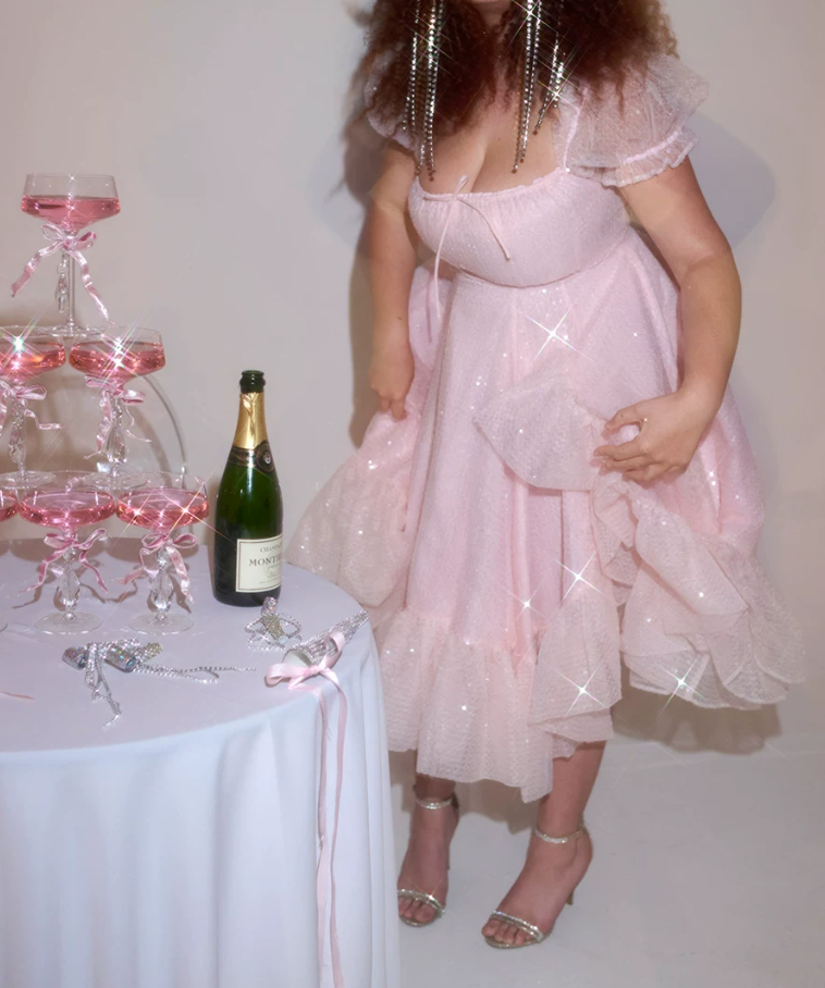 Dreamy Square Neck Prom Dress Pink Sequins A-Line Evening Dress D0410