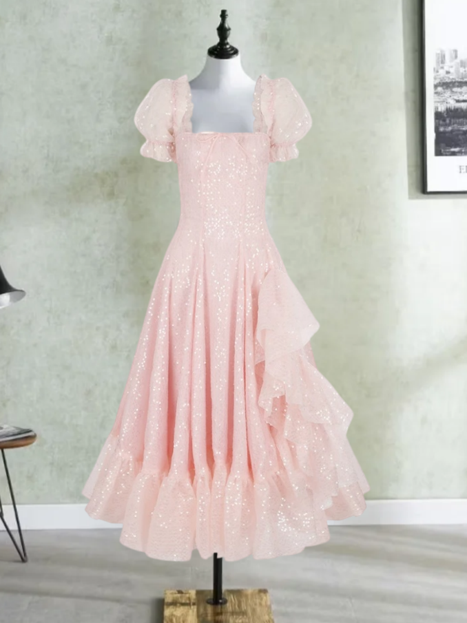 Dreamy Square Neck Prom Dress Pink Sequins A-Line Evening Dress D0410